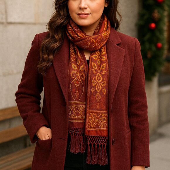 Vintage Echo Silk Tassel Scarf – Rust & Gold Paisley, 80” Bohemian Luxe - Picture 2 of 8